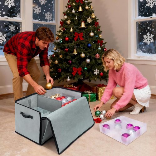 BALEINE Christmas Ornament Storage Box - Premium Container with Dividers for 128 Balls | Red, Soft