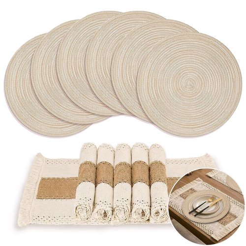 Placemats Set of 6 - Natural Cotton Burlap Table Mats and Braided Round Place Mats, Heat Resistant Mats for Dining Table, Kitchen, or Farmhouse Decoration, Doho Placemats