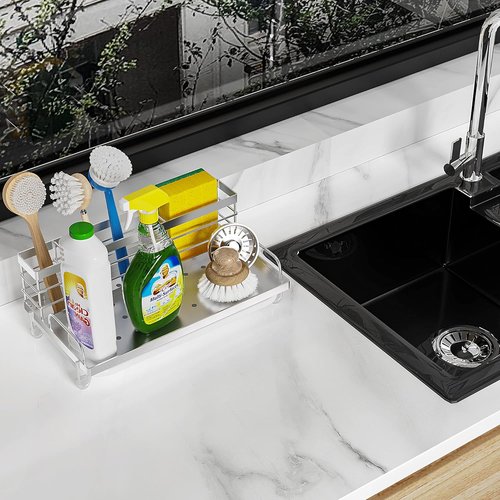 Cisily Kitchen Sink Caddy Organizer - Rustproof Non-Slip Soap Dish & Sponge Holder | Silver Finish