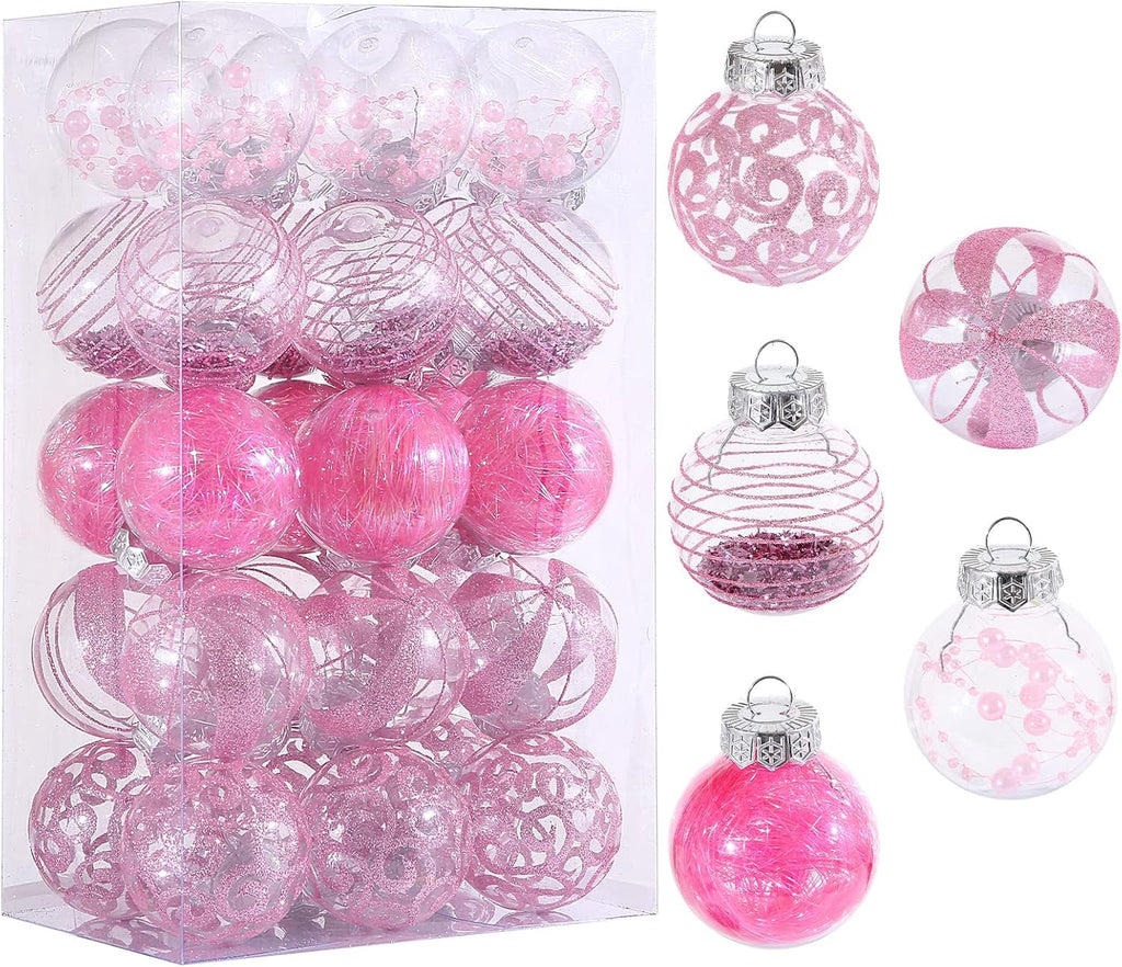 Regine Switzerland 30-Piece Christmas Ornaments Set - Shatterproof Clear Pink Baubles for Holiday Decor