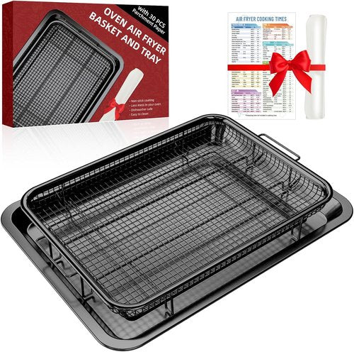 DEGOVIN Air Fryer Pans - Non-Stick Stainless Steel Crisper Tray with Cooking Guide & 30 Parchment Papers | 15.8" × 11" - Black