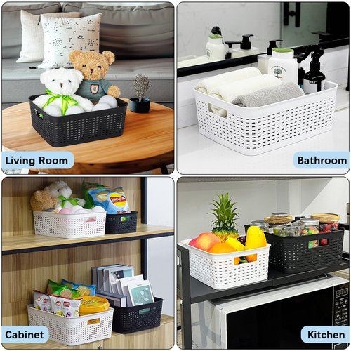 Soddeph Plastic Storage Baskets for Cabinets, Household Pantry Organization with Handle,Organizer Bins for Room,Bathrooms,Under-Sink,Kitchen (White, L-3PACK)