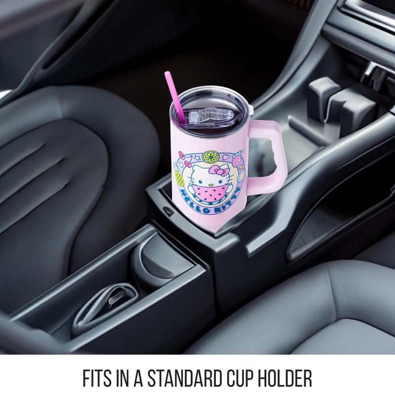 Silver Buffalo Sanrio Hello Kitty Summer Kawaii Fruits Double Walled Stainless Steel Tumbler with Handle, Fits in Standard Cup Holder, 40 Ounces
