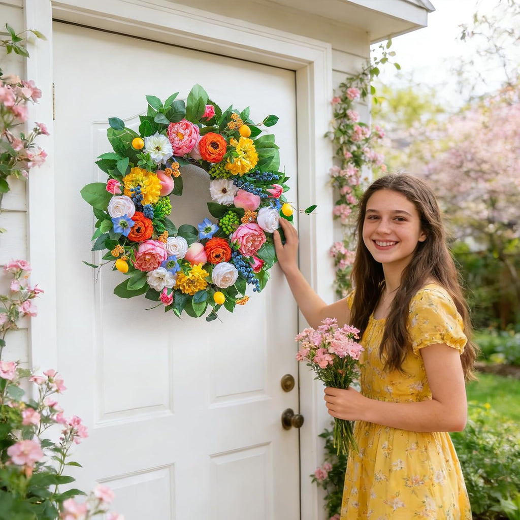 Pinkpuii 24-Inch Spring Wreath - Vibrant Peonies, Roses & Realistic Fruit Accents for Front Door Decor