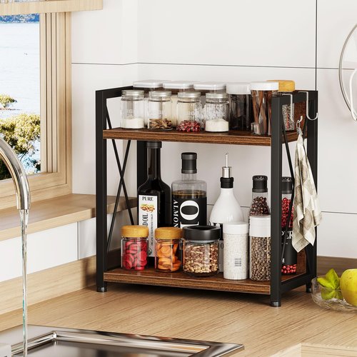 Snughome Countertop Shelf Organizer, Kitchen Counter Shelf with Hooks, 2 Tier Spice Rack for Kitchen Countertop,Coffee Station，(Rustic Brown, Large)