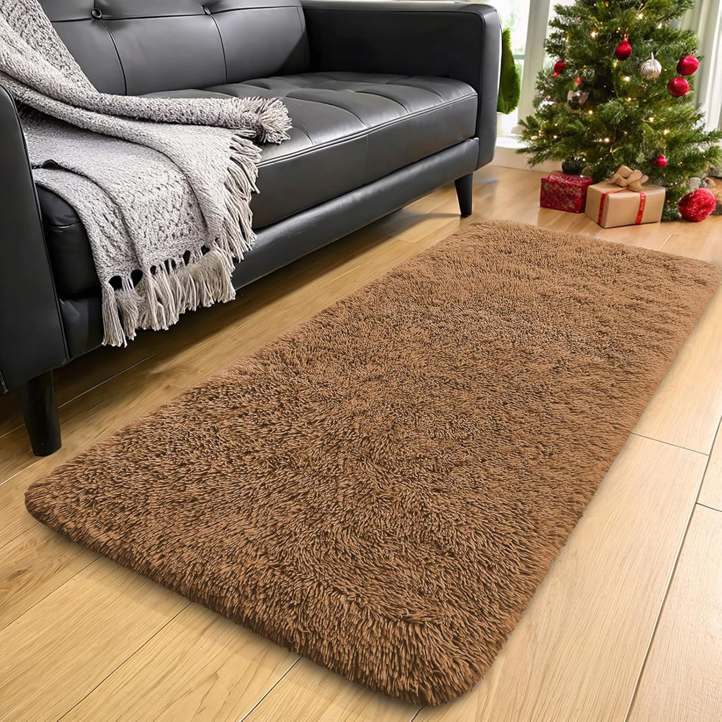 OLANLY 2x8 Machine Washable Runner Rug - Soft Fluffy Shaggy Carpet for Bedroom & Hallway | Khaki