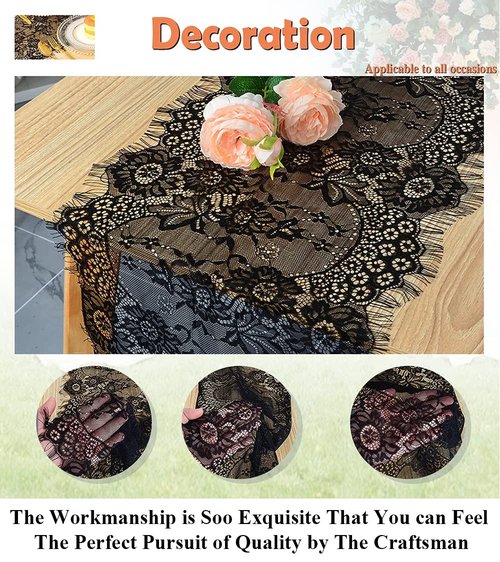 Pardecor 120 Inch Lace Table Runner for Weddings, Boho Rustic Bridal Decor, Christmas & Home Table Decorations - Floral Overlay, Durable Washable Fabric (Black)