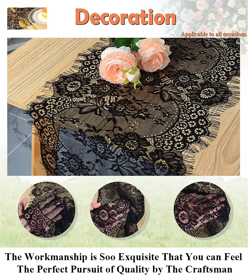 Pardecor 120 Inch Lace Table Runner for Weddings, Boho Rustic Bridal Decor, Christmas & Home Table Decorations - Floral Overlay, Durable Washable Fabric (Black)
