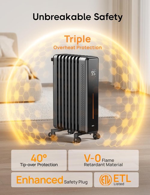 DREO Oil Filled Radiator Heater - 1500W Electric Heater with Remote & Digital Thermostat | 8 Fins, Quiet Operation
