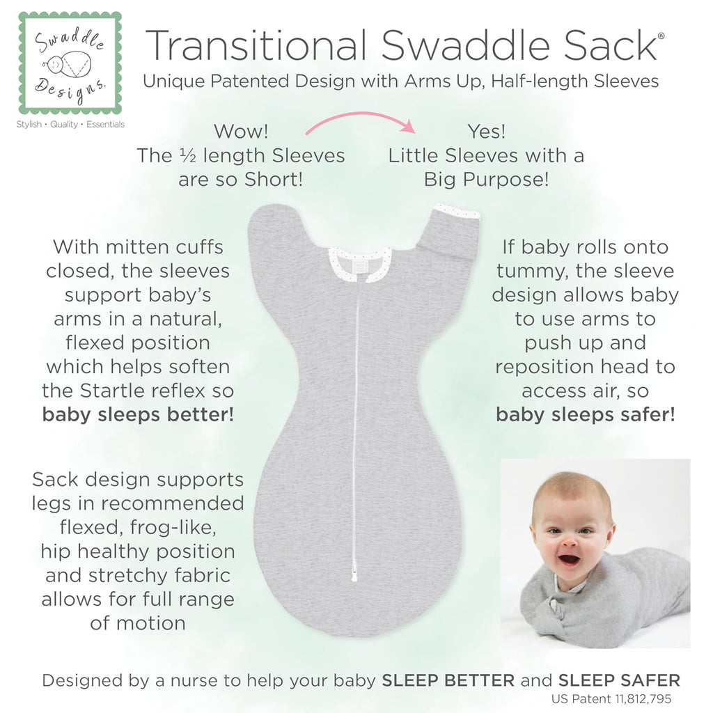 SwaddleDesigns Transitional Swaddle Sack - Arms Up Half-Length Sleeves & Mitten Cuffs | Medium 3-6 Months, Heathered Denim