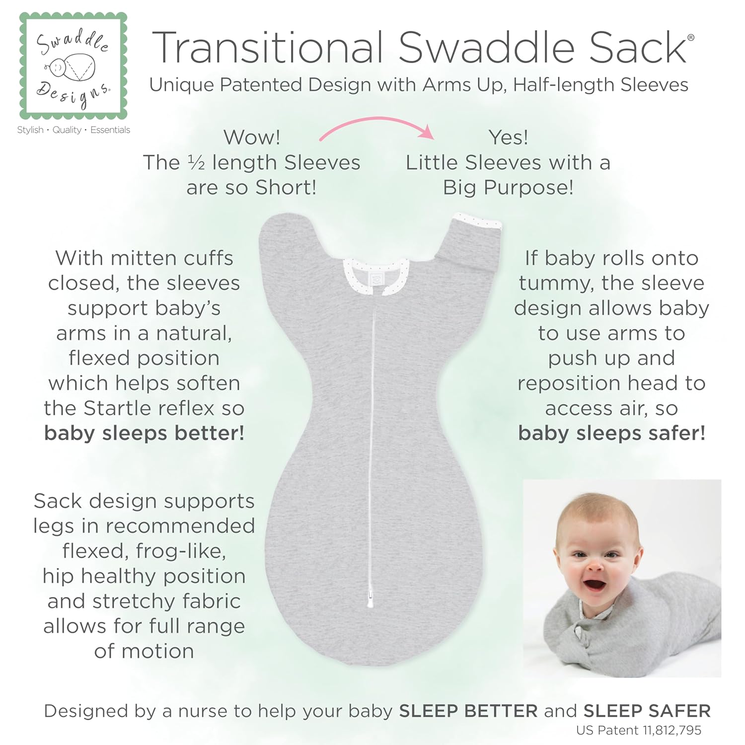 SwaddleDesigns Transitional Swaddle Sack - Arms Up Half-Length Sleeves & Mitten Cuffs | Medium 3-6 Months, Heathered Denim