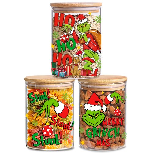 HGIK Christmas Cookie Jar with Lids, Christmas Kitchen Decor 3 Pack Glass Storage Jars, Xmas Decorations Canisters Sets with Airtight Bamboo Lid for Countertop, Clear Glass Storage Jars
