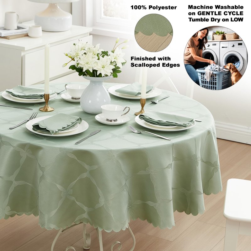 Newbridge Ribbons and Bows Damask Fabric Tablecloth, Sage Green, 70 Inch Round, Wrinkle & Stain Resistant Table Cover