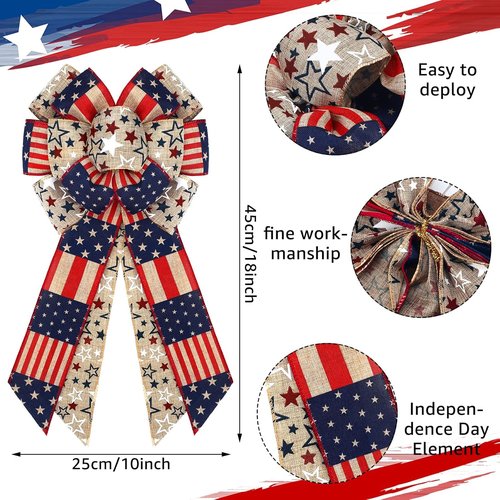 Jutom Patriotic Bow Wreath - Red, White & Blue Star Burlap Bow for 4th of July & Veterans Day Decor