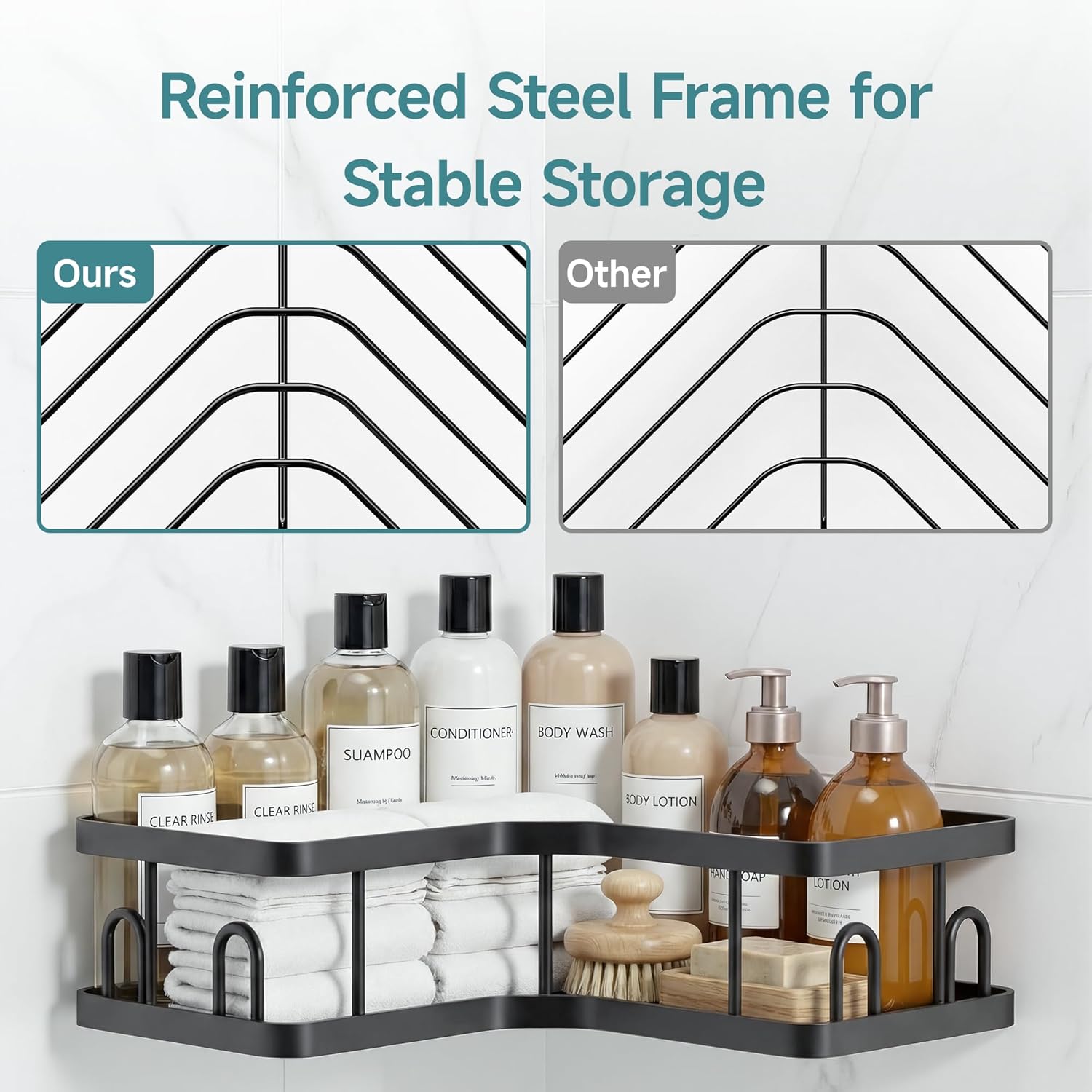 Veken Corner Adhesive Shower Caddy 3-Pack - Rustproof, Waterproof Bathroom Organizers | No Drilling, Black
