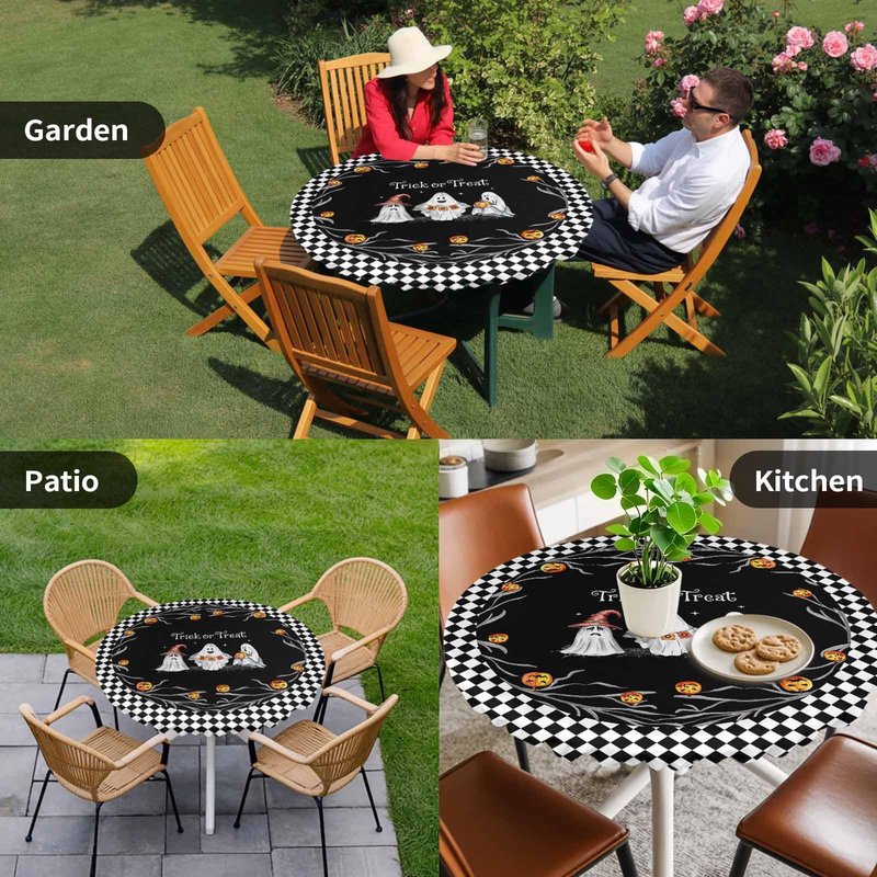Halloween Fitted Tablecloth for Round Table,Trick Or Treat Quotes Table Cover with Elastic Edge Waterproof Table Cloth,Pumpkin Ghost Face Black White Plaid Table Covers for Kitchen Indoor 45-54in