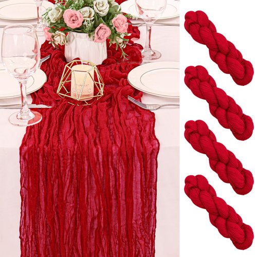 4 Pack 120 Inch Red Cheesecloth Table Runner Boho Rustic Gauze Sheer Romantic 10 FT Long Cheese Cloth Table Runner for Bridal Baby Shower Wedding Party Birthday Holiday Home Easter Decor