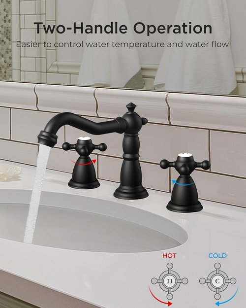 FORIOUS Matte Black Bathroom Faucet - Vintage 3 Hole Widespread Design with Cross Handles & Metal Drain | 8 Inch