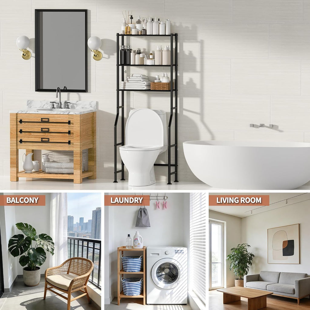 Skiennix 3-Tier Over The Toilet Storage | Freestanding Metal Bathroom Shelves - Space Saver (Black)