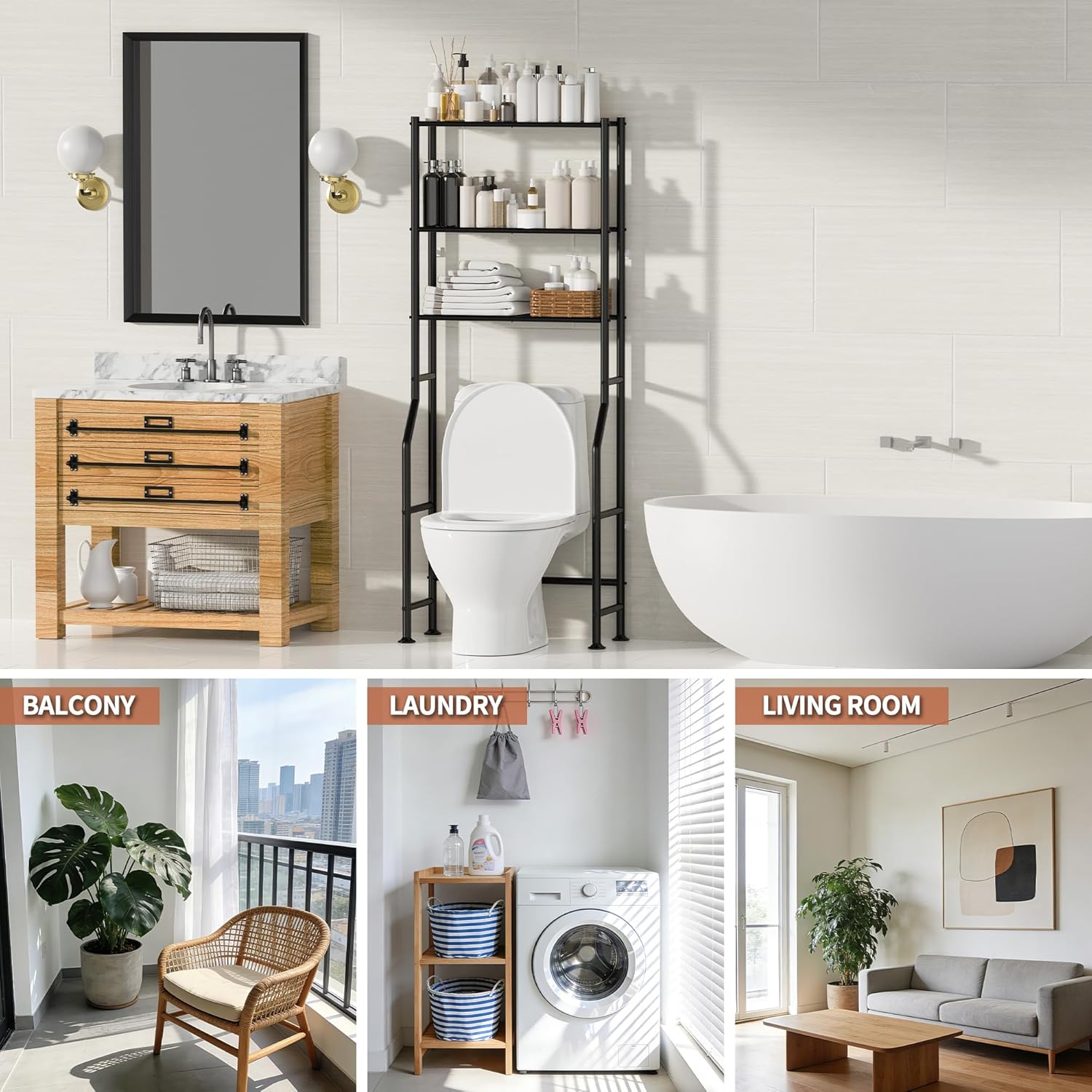 Skiennix 3-Tier Over The Toilet Storage | Freestanding Metal Bathroom Shelves - Space Saver (Black)