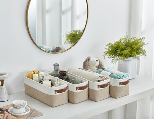 DECOMOMO Narrow Storage Bins - Small Organizing Baskets for Bathroom & Entryway | Beige & White - Set of 4
