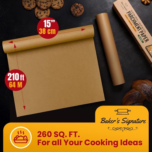 Baker’s Signature Unbleached Parchment Paper Roll - Heavy Duty Non-Stick for Baking & Cooking | 15in x 210ft