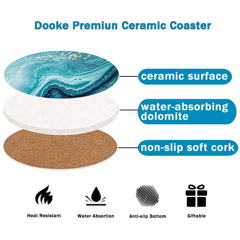 Dooke Coasters for Drinks, Round Absorbent Ceramic Stone Coasters Set of 6 with Cork Base, Funny Drink Coasters with Holder for Cold Drinks Wine Mugs and Cups Tabletop Protection, 4 Inches,Purple