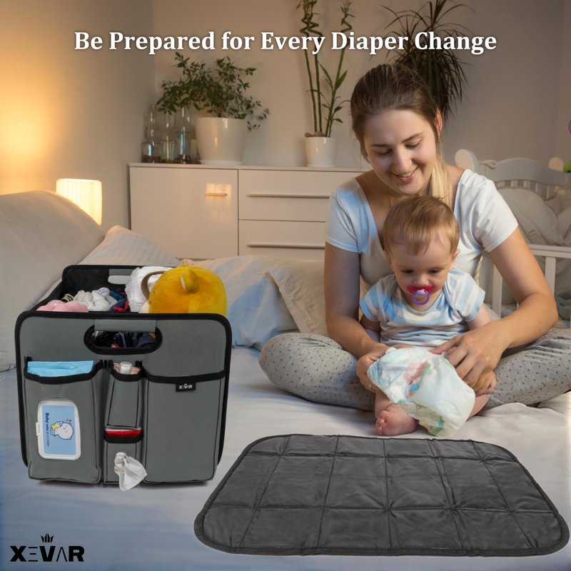 XEVAR Baby Diaper Caddy Organizer with Changing Mat - Portable Car Caddy for Newborn Essentials, Diapers & Wipes, Perfect for Baby Shower and New Mom | Oxford Fabric, Grey