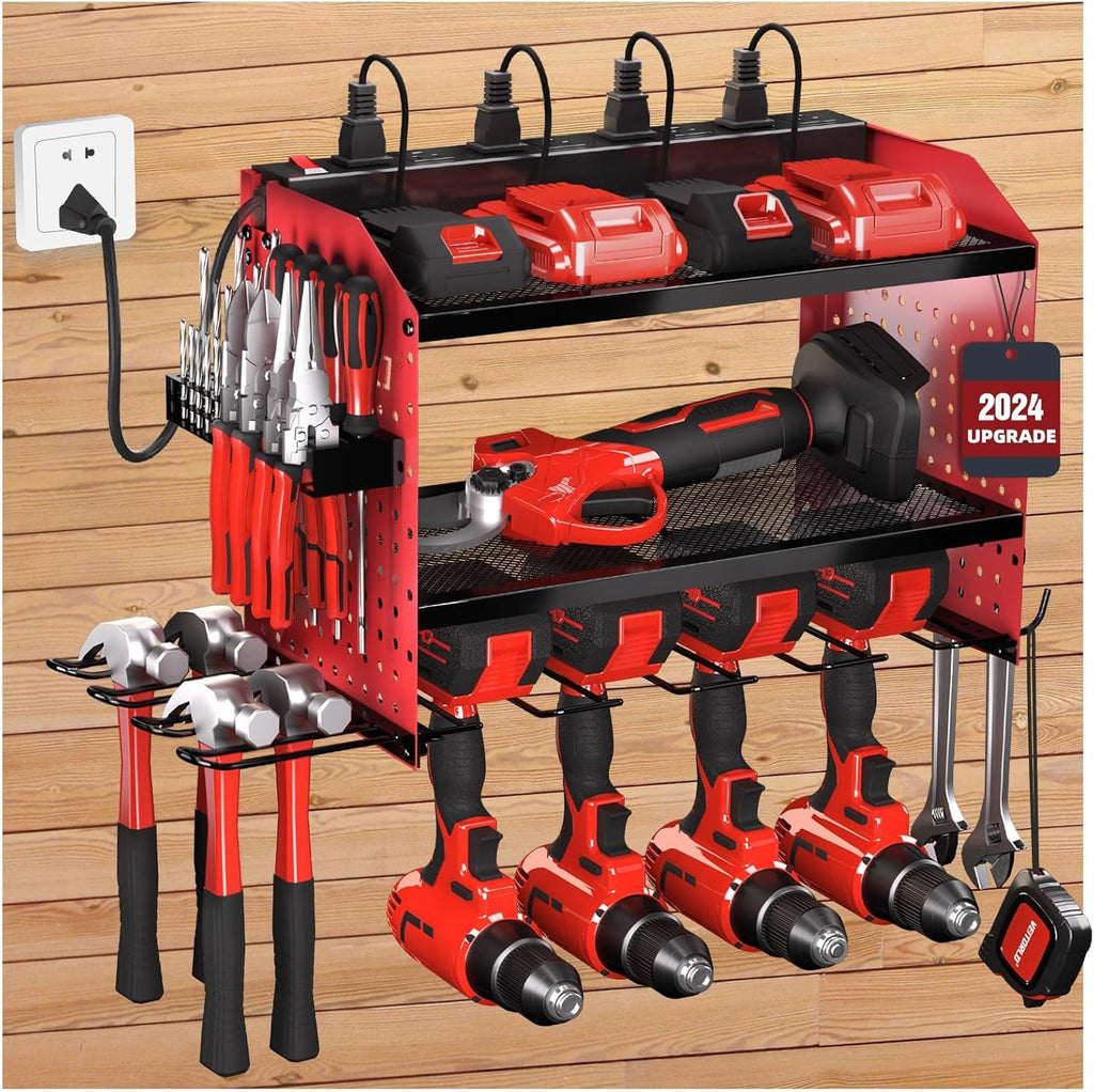 Power Tool Organizer - Heavy Duty Wall Mount Rack with Charging Station | 4 Drill Holders - Red