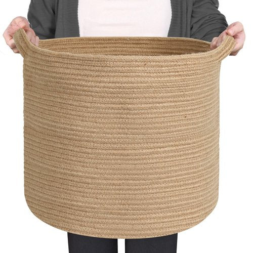 MEGASKET Large Wicker Storage Basket, 16" x 14" Jute Woven Basket with Handle, Living Room Blanket Storage, Big Wicker Laundry Basket, Kids Toy Bin Box Organizer, Decorative Round Baskets for Decor