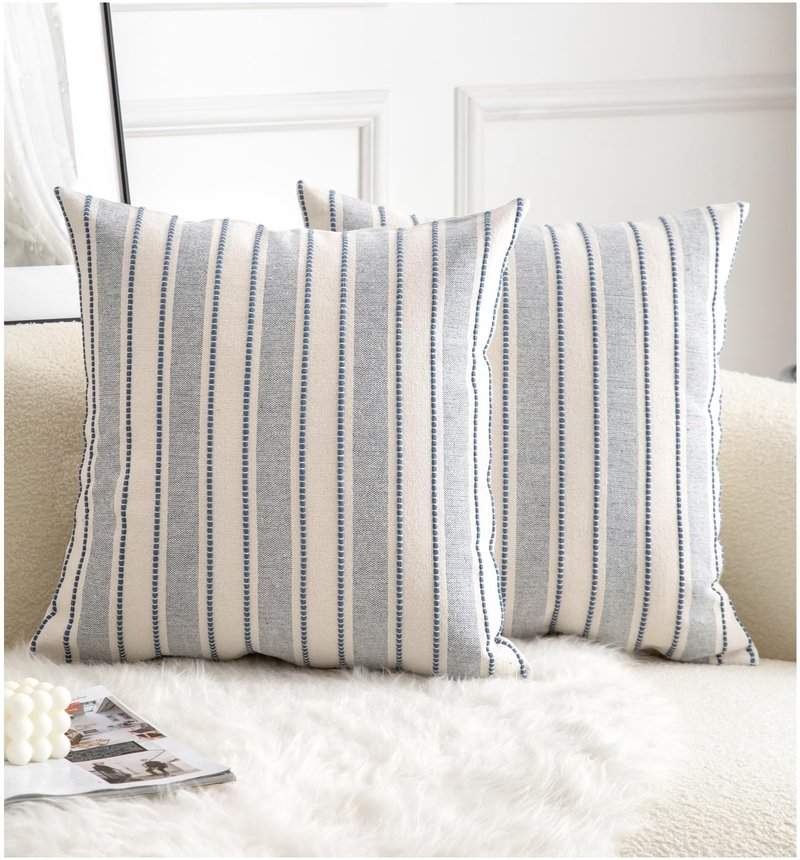 Cethom Decorative Boho Throw Pillow Covers, Farmhouse Textured Pillow Case, 18 x 18 Inch Set of 2, Chair Sofa Bedroom Living Room Home Decor Couch Cushion Case, Classic Blue and Beige Striped
