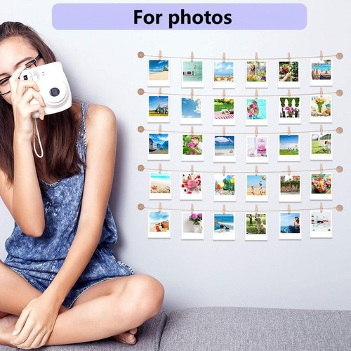 Mudder Photo Display String - 50 Clip Boho Wooden Wall Decor for Dorm Room | Damage-Free Holder for Teen Girls