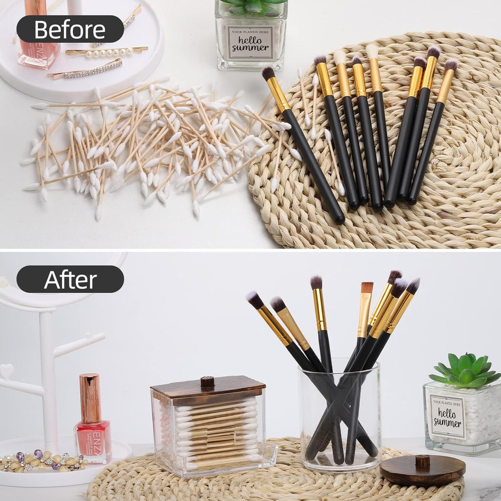 Tbestmax Q-Tips Holder - Stylish Brown Wood Lid Cotton Ball & Swab Dispenser | 10/7 OZ Apothecary Jar (2 Pcs)