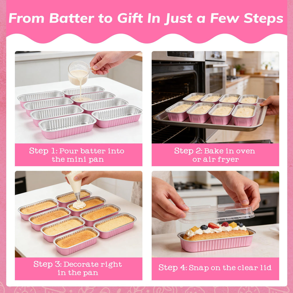 NPLUX 50 PACK Mini Cake Pans with Lids and Spoons,Rectangular Aluminum Foil Bread Pan,Mini Loaf Pans and Food Containers with Lids(Pink,6.8oz)