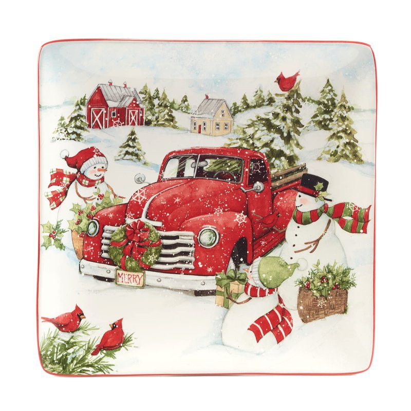Red Truck Snowman Set of 4 Ceramic Dinner Plates – Add classic holiday charm to your table with these beautifully detailed plates featuring vintage red trucks and cheerful snowmen 10.25"