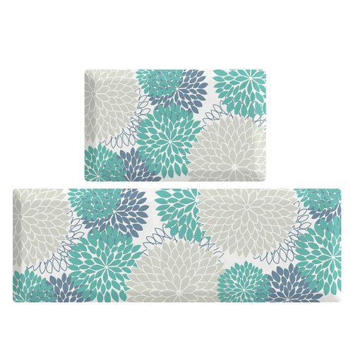 KIMODE Comfort Kitchen Mats for Floor Cushioned Anti Fatigue,Boho Floral Kitchen Rugs Sets of 2 Non Slip,Ergonomic Memory Foam Kitchen Mat for Laundry Sink Office Home,Blue/Green/White
