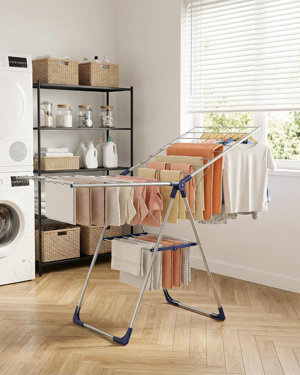 Sakugi Clothes Drying Rack - Height-Adjustable Metal Laundry Dryer Stand | Free-Standing & Collapsible, 55.5" L × 22.8" W, Silver Blue