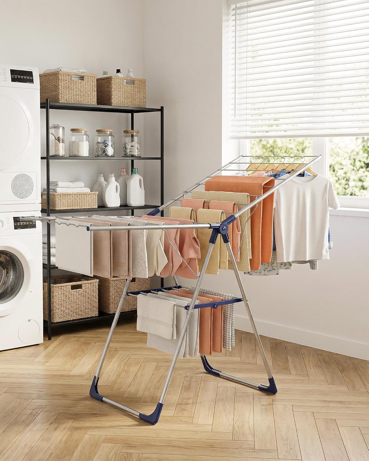 Sakugi Clothes Drying Rack - Height-Adjustable Metal Laundry Dryer Stand | Free-Standing & Collapsible, 55.5" L × 22.8" W, Silver Blue