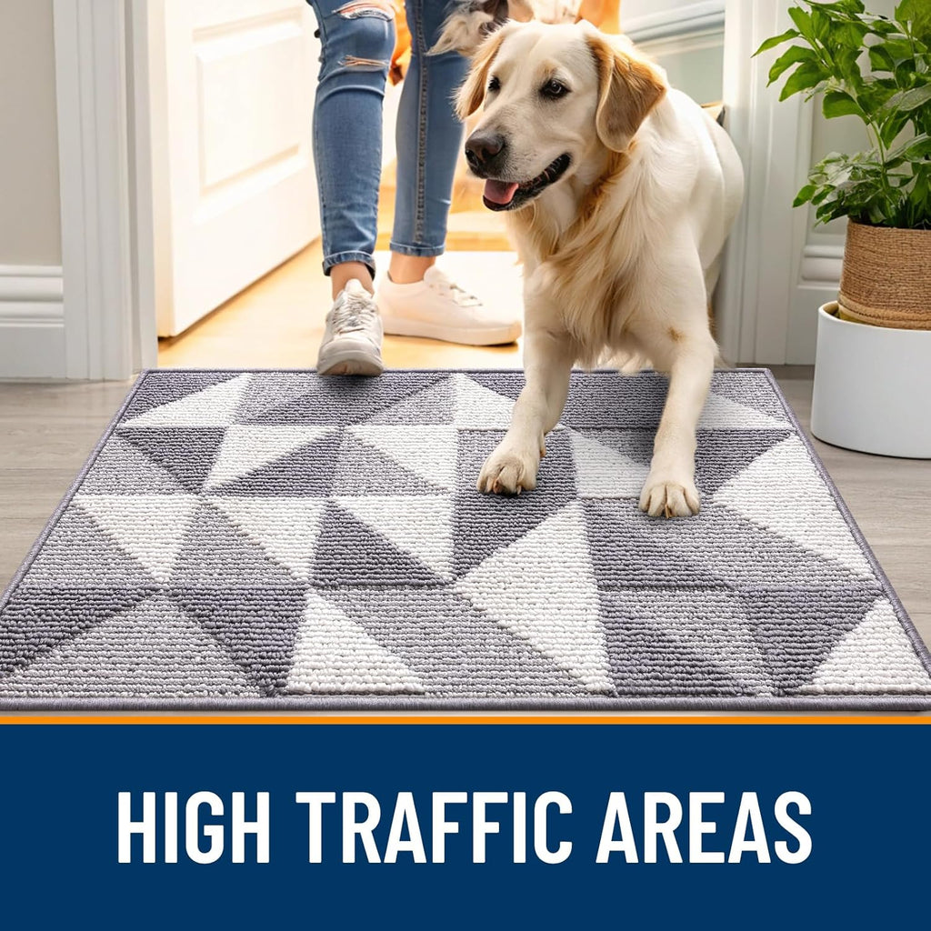 OLANLY Indoor Door Mat - Washable, Low-Profile Geometric Design | 32x20, Odor-Free & Absorbent Grey Entry Carpet