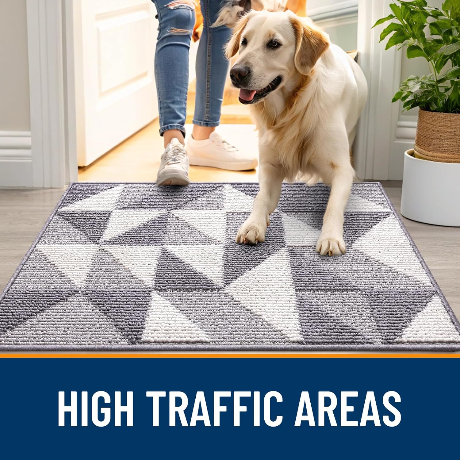 OLANLY Indoor Door Mat - Washable, Low-Profile Geometric Design | 32x20, Odor-Free & Absorbent Grey Entry Carpet