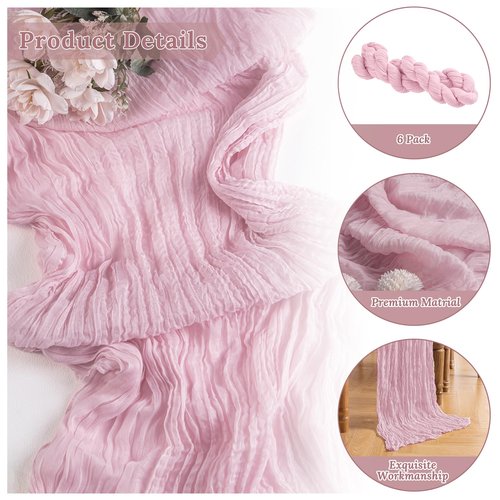 ButterMelt 6 Pack Pink 10ft Cheesecloth Table Runner, Boho 35x120 Inch Long, Gauze Table Runner Decor for Baby Shower Bridal Shower or Wedding Party