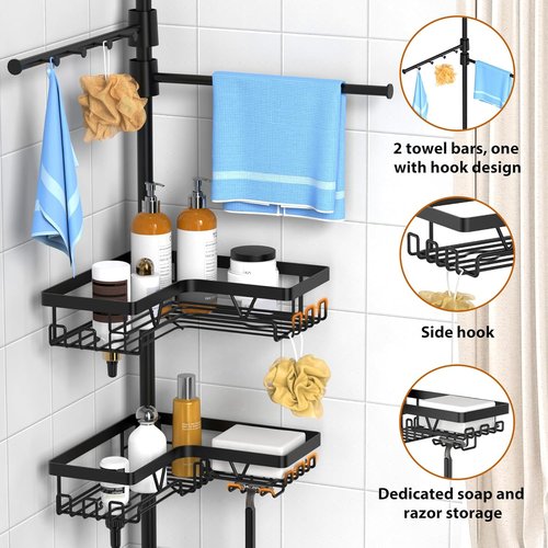 KEGII Black Shower Caddy - Adjustable Tension Pole Organizer with 2 Towel Bars | Rustproof Bathroom Storage 25–114.2 Inch