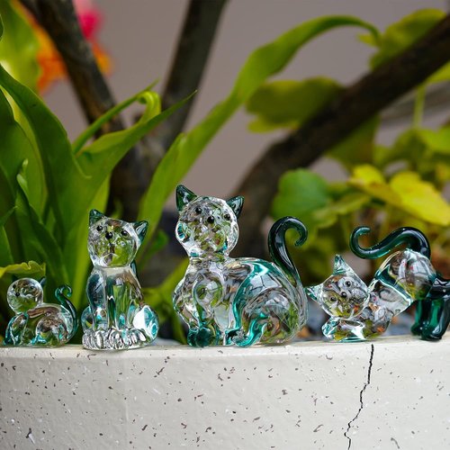 HDCRYSTALGIFTS Blown Glass Cat Figurines - 4 Emerald Green Collectible Kittens for Home Decor