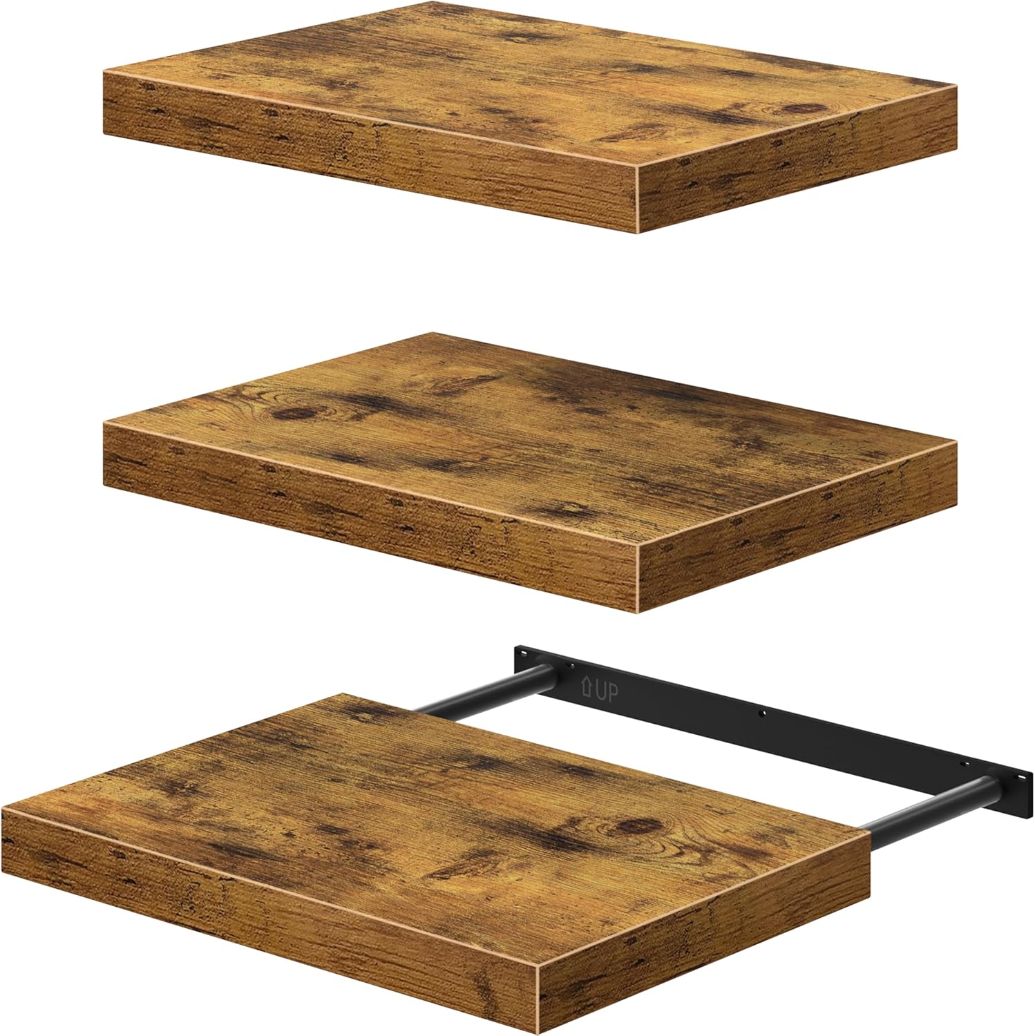 QEEIG 10" Deep Floating Shelves - Rustic Brown Wall-Mounted Bookshelf Set of 3 for Bathroom, Bedroom, Kitchen & Living Room
