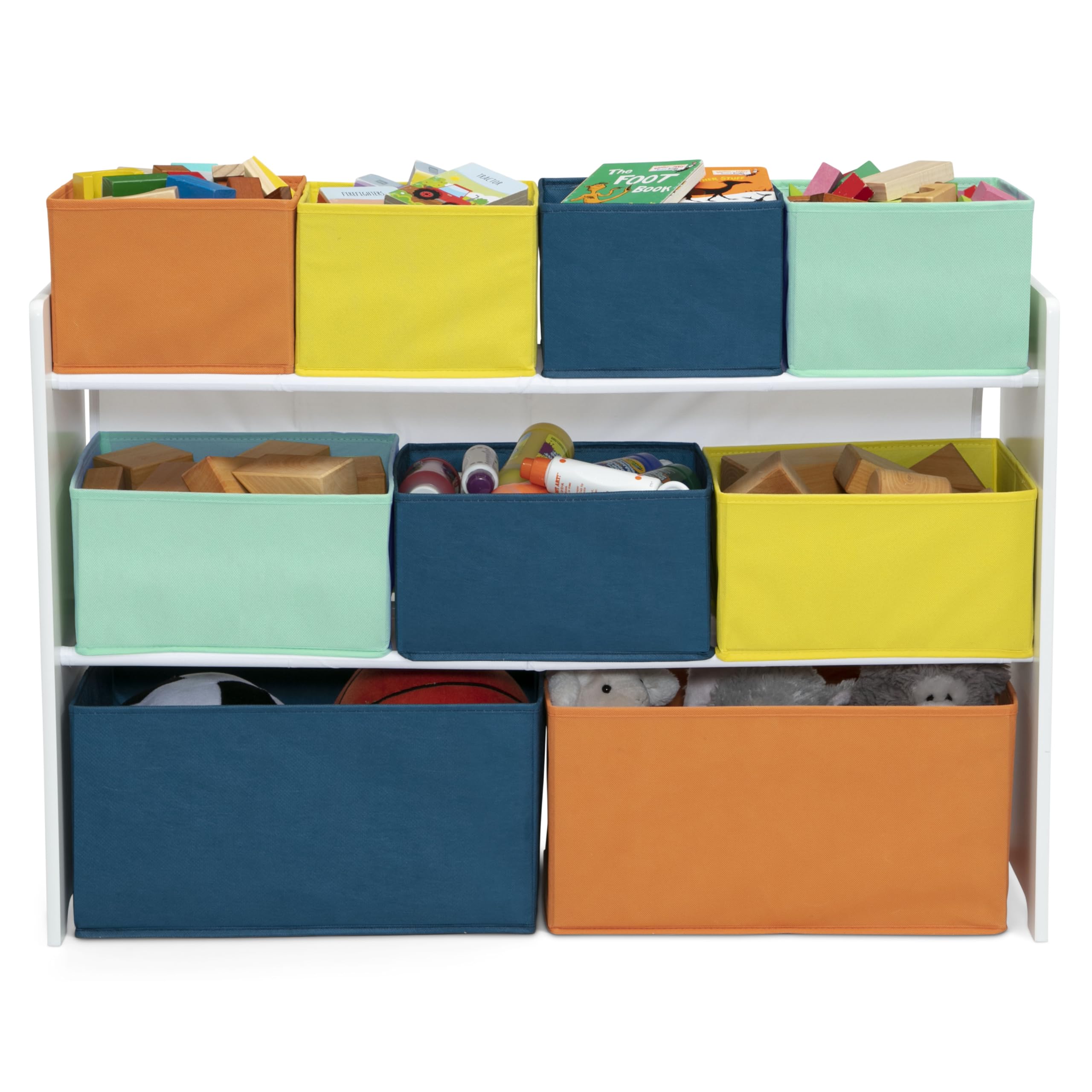 Delta Children Deluxe Multi-Bin Toy Organizer with Storage Bins - Greenguard Gold Certified, White with Navy/Green/Pastel Bins