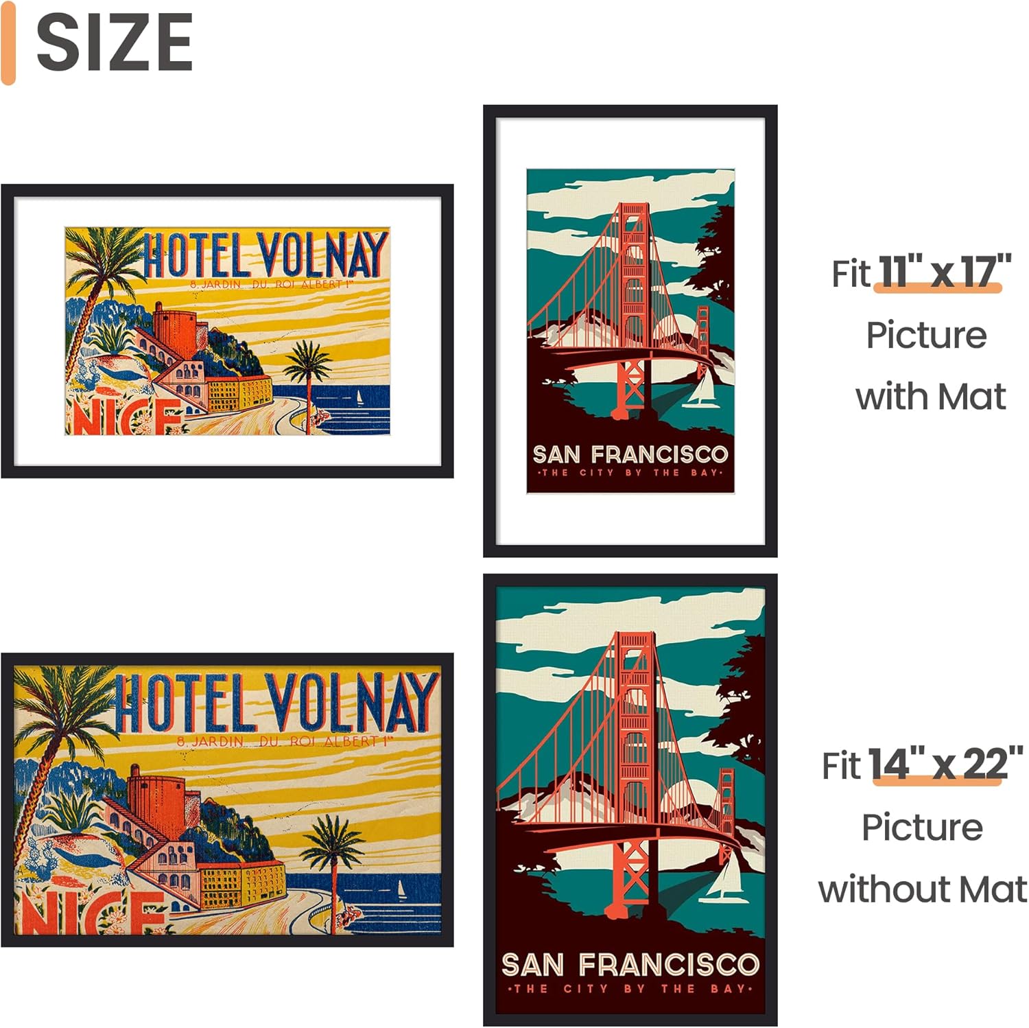 Upsimples 14x22 Picture Frame - Versatile Display for 11x17 Photos with Mat or 14x22 Without - Black, 1 Pack