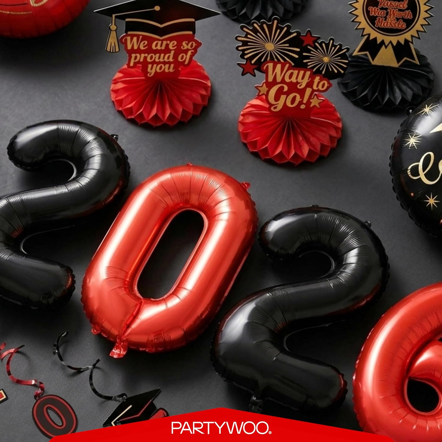 PartyWoo Graduation Balloons - Class of 2026 Foil Number & Mylar Balloons | Black, Red, Gold, 12pcs Set
