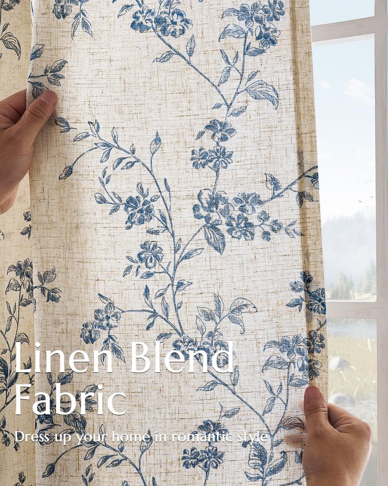 jinchan Linen Floral Curtains for Living Room 84 Inch Length Blue Printed Curtains Back Tab French Country Farmhouse Flower Patterned Drapes Bedroom Window Curtain Set 2 Panels