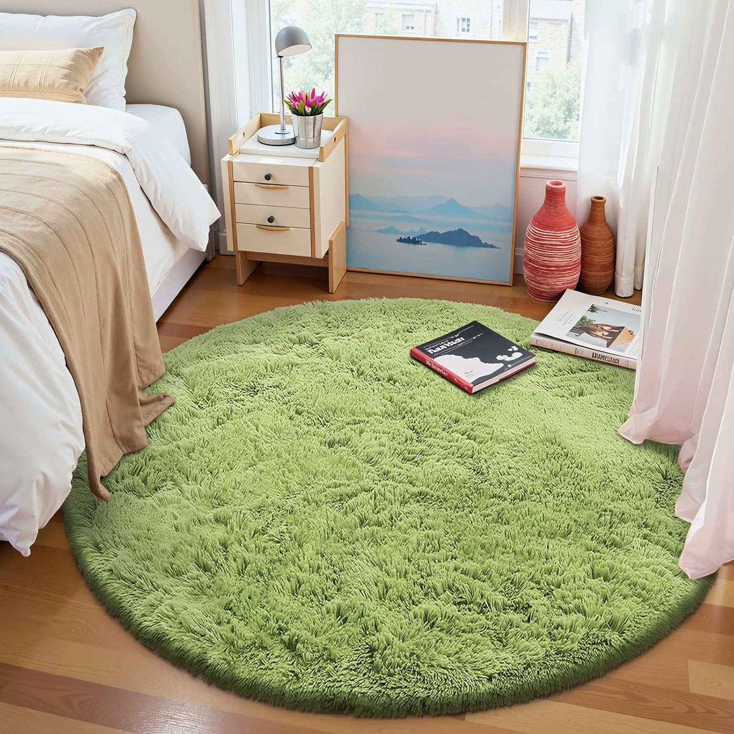 OLANLY Round Grass Green Area Rug - Soft, Fluffy, Machine Washable 6 ft Circle Carpet for Bedroom & Living Room Decor