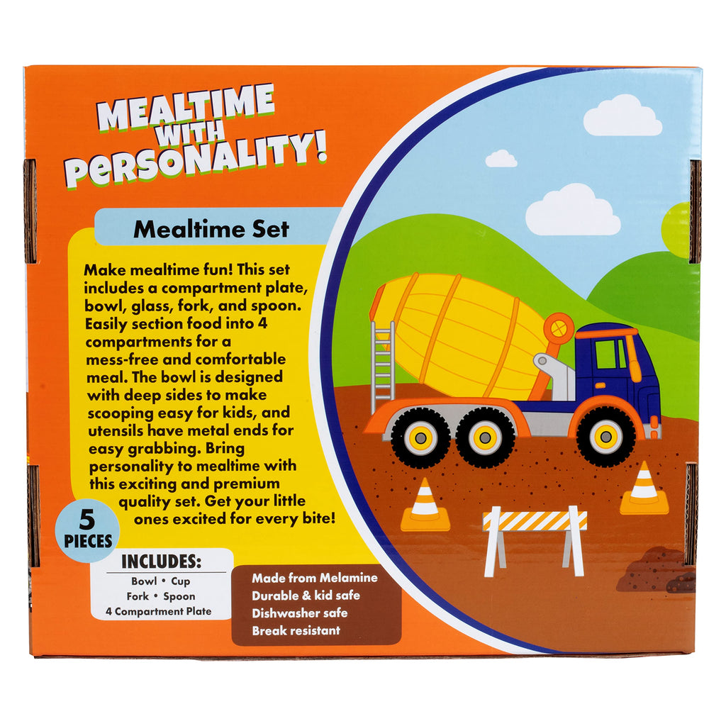 Bentology 5-Piece Construction Theme Mealtime Set - Includes Plate, Bowl, Utensils, and Glass - Dishwasher Safe, BPA Free, Cute Compartment Dish for Easy Self-Feeding